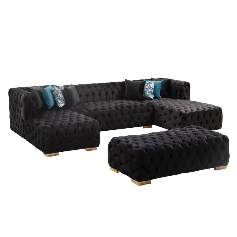 Valencia 126 in. W 3-Piece Soft Touch Velvet U-Shaped Sectional in Black